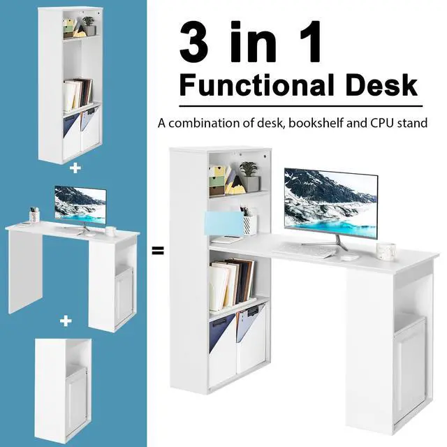 Alt view image 4 of 6 - White Computer Desk with Bookshelf, Writing Study Desk with Storage Shelves & CPU Stand, Modern Compact Computer Workstation for Home & Office, Space-Saving Design