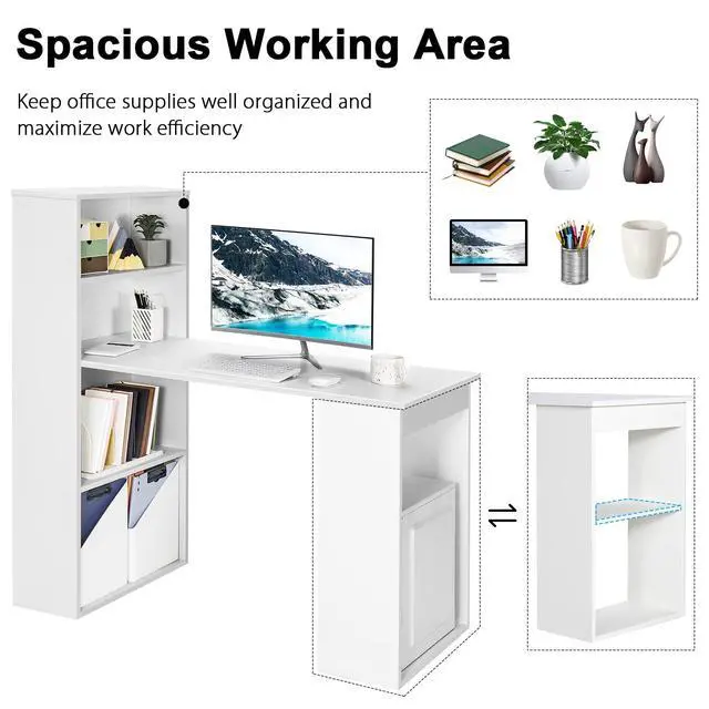 Alt view image 5 of 6 - White Computer Desk with Bookshelf, Writing Study Desk with Storage Shelves & CPU Stand, Modern Compact Computer Workstation for Home & Office, Space-Saving Design