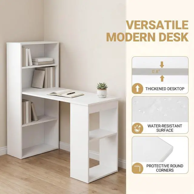 Alt view image 6 of 6 - White Computer Desk with Bookshelf, Writing Study Desk with Storage Shelves & CPU Stand, Modern Compact Computer Workstation for Home & Office, Space-Saving Design