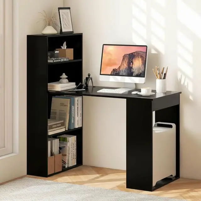 Main image of Computer Desk with Bookshelf, Writing Study Desk with Storage Shelves & CPU Stand, Modern Compact Computer Workstation for Home & Office, Space-Saving Design (Black)