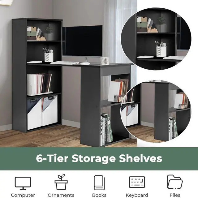 Alt view image 3 of 6 - Computer Desk with Bookshelf, Writing Study Desk with Storage Shelves & CPU Stand, Modern Compact Computer Workstation for Home & Office, Space-Saving Design (Black)