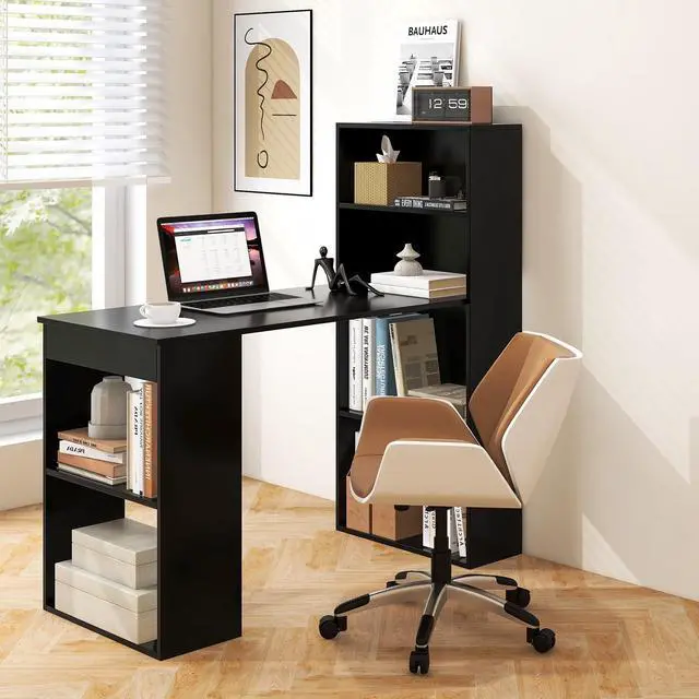 Alt view image 4 of 6 - Computer Desk with Bookshelf, Writing Study Desk with Storage Shelves & CPU Stand, Modern Compact Computer Workstation for Home & Office, Space-Saving Design (Black)