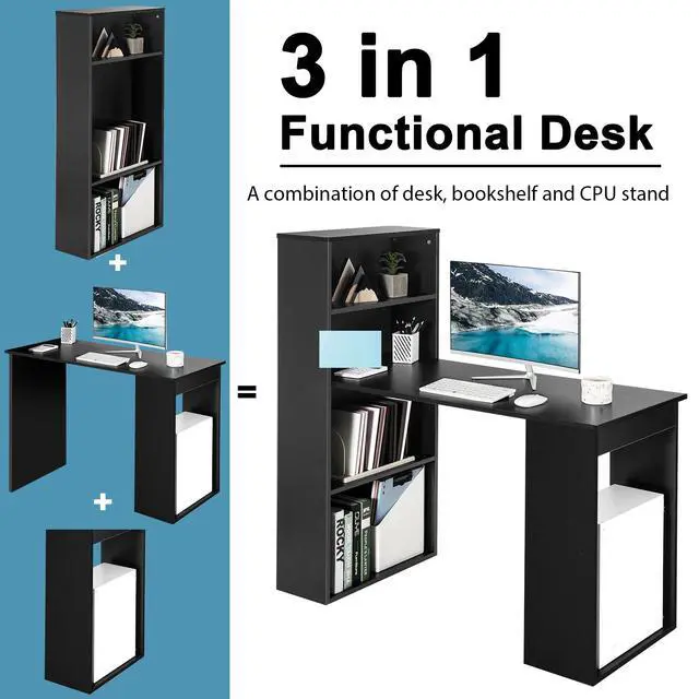 Alt view image 5 of 6 - Computer Desk with Bookshelf, Writing Study Desk with Storage Shelves & CPU Stand, Modern Compact Computer Workstation for Home & Office, Space-Saving Design (Black)