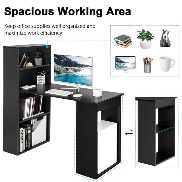 Alt view image 6 of 6 - Computer Desk with Bookshelf, Writing Study Desk with Storage Shelves & CPU Stand, Modern Compact Computer Workstation for Home & Office, Space-Saving Design (Black)