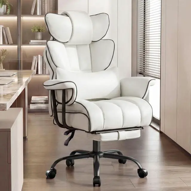 Main image of Big and Tall Executive Office Chair- Ergonomic, Reclining Desk Chair with Footrest Lumbar Pillow, Height Adjustable Back Leather Chair for Home Office, Pure White