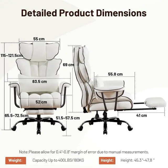 Alt view image 2 of 6 - Big and Tall Executive Office Chair- Ergonomic, Reclining Desk Chair with Footrest Lumbar Pillow, Height Adjustable Back Leather Chair for Home Office, Pure White