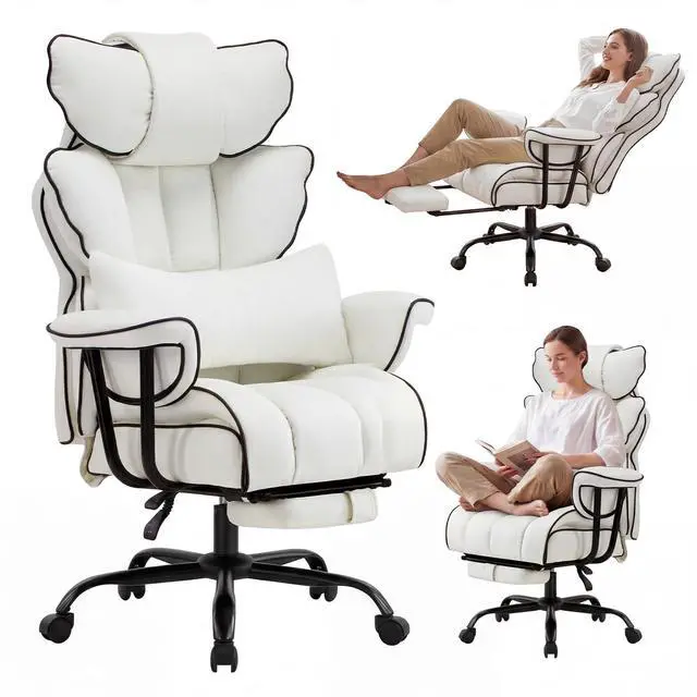 Alt view image 3 of 6 - Big and Tall Executive Office Chair- Ergonomic, Reclining Desk Chair with Footrest Lumbar Pillow, Height Adjustable Back Leather Chair for Home Office, Pure White