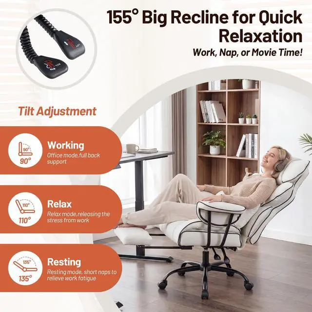 Alt view image 4 of 6 - Big and Tall Executive Office Chair- Ergonomic, Reclining Desk Chair with Footrest Lumbar Pillow, Height Adjustable Back Leather Chair for Home Office, Pure White