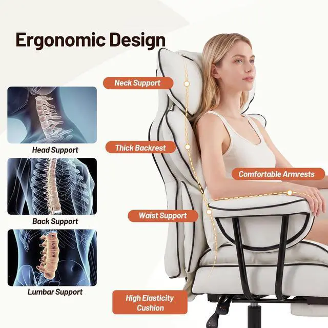 Alt view image 5 of 6 - Big and Tall Executive Office Chair- Ergonomic, Reclining Desk Chair with Footrest Lumbar Pillow, Height Adjustable Back Leather Chair for Home Office, Pure White