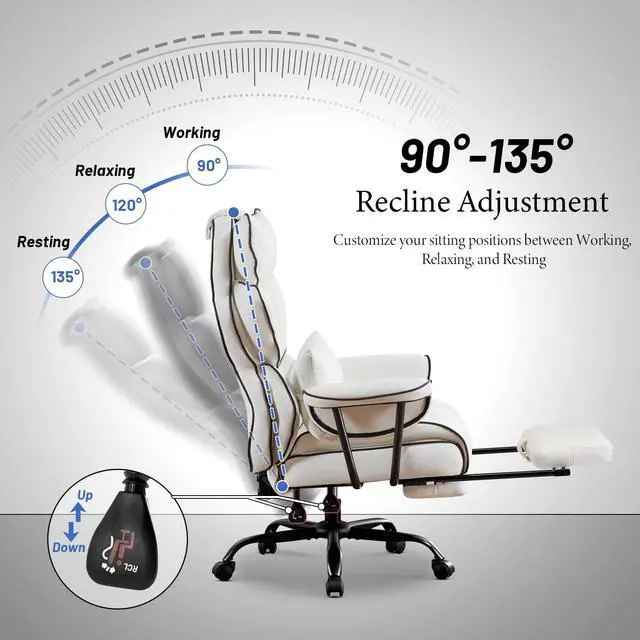 Alt view image 6 of 6 - Big and Tall Executive Office Chair- Ergonomic, Reclining Desk Chair with Footrest Lumbar Pillow, Height Adjustable Back Leather Chair for Home Office, Pure White