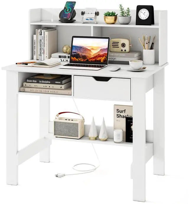 Main image of White Desk with Hutch & Drawer, Modern Computer Desk with Charging Station USB & Type C Port, Cable Hole, Home Office Desk with Storage Shelves for Study Room Bedroom