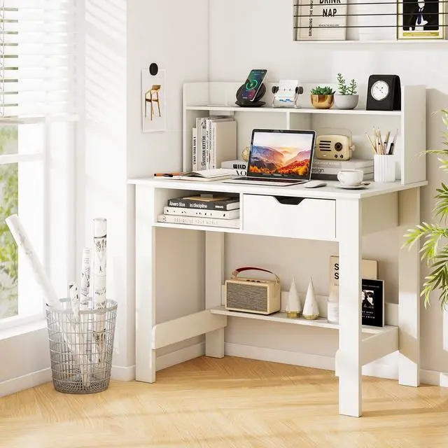 Alt view image 2 of 6 - White Desk with Hutch & Drawer, Modern Computer Desk with Charging Station USB & Type C Port, Cable Hole, Home Office Desk with Storage Shelves for Study Room Bedroom
