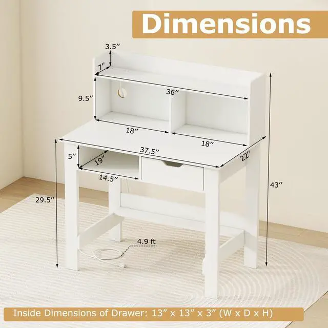 Alt view image 3 of 6 - White Desk with Hutch & Drawer, Modern Computer Desk with Charging Station USB & Type C Port, Cable Hole, Home Office Desk with Storage Shelves for Study Room Bedroom