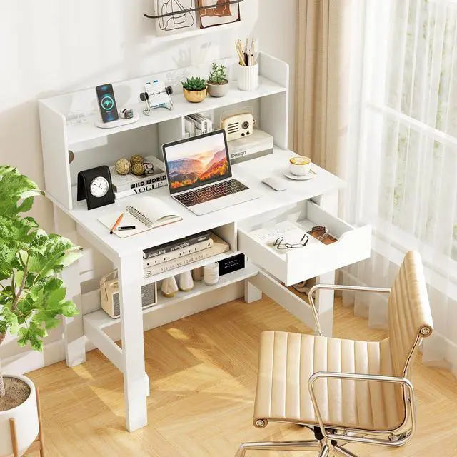 Alt view image 4 of 6 - White Desk with Hutch & Drawer, Modern Computer Desk with Charging Station USB & Type C Port, Cable Hole, Home Office Desk with Storage Shelves for Study Room Bedroom