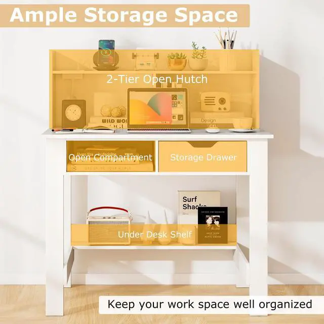 Alt view image 6 of 6 - White Desk with Hutch & Drawer, Modern Computer Desk with Charging Station USB & Type C Port, Cable Hole, Home Office Desk with Storage Shelves for Study Room Bedroom