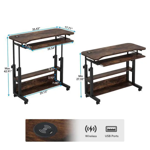 Alt view image 2 of 6 - Portable Desk with Power Outlets, Height Adjustable Side Table Sofa Couch Bedside Laptop Computer Cart with USB Charging Ports, Mobile Small Standing Desk with Keyboard Tray