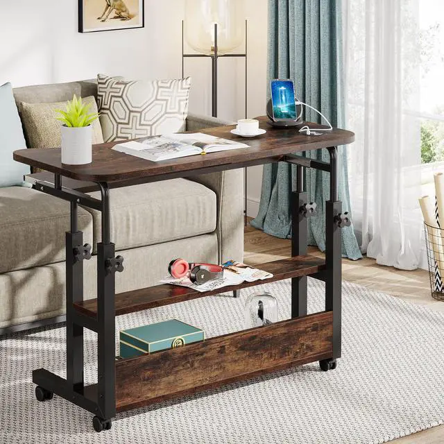 Alt view image 3 of 6 - Portable Desk with Power Outlets, Height Adjustable Side Table Sofa Couch Bedside Laptop Computer Cart with USB Charging Ports, Mobile Small Standing Desk with Keyboard Tray
