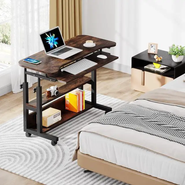 Alt view image 4 of 6 - Portable Desk with Power Outlets, Height Adjustable Side Table Sofa Couch Bedside Laptop Computer Cart with USB Charging Ports, Mobile Small Standing Desk with Keyboard Tray