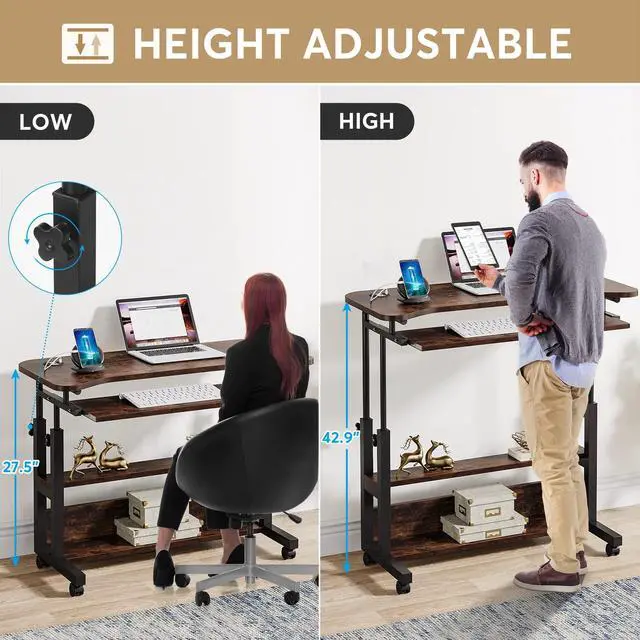 Alt view image 6 of 6 - Portable Desk with Power Outlets, Height Adjustable Side Table Sofa Couch Bedside Laptop Computer Cart with USB Charging Ports, Mobile Small Standing Desk with Keyboard Tray