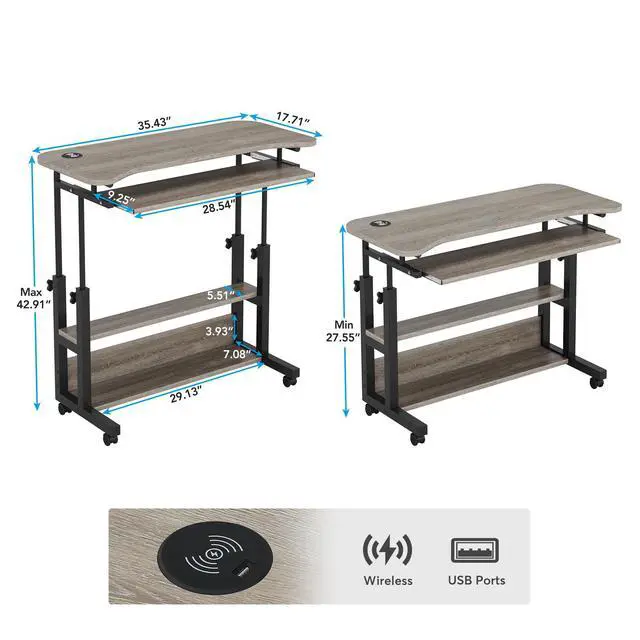 Alt view image 2 of 6 - Portable Desk with Power Outlets, Height Adjustable Side Table Sofa Couch Bedside Laptop Computer Cart with USB Charging Ports, Mobile Small Standing Desk with Keyboard Tray