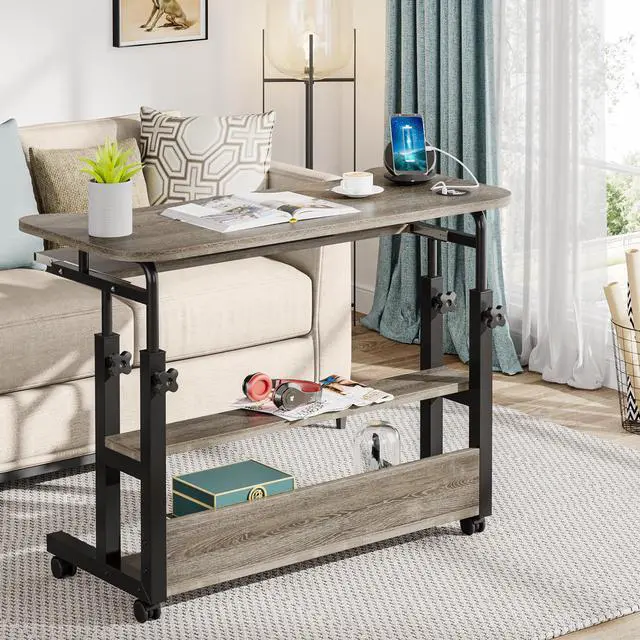 Alt view image 3 of 6 - Portable Desk with Power Outlets, Height Adjustable Side Table Sofa Couch Bedside Laptop Computer Cart with USB Charging Ports, Mobile Small Standing Desk with Keyboard Tray