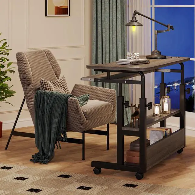 Alt view image 4 of 6 - Portable Desk with Power Outlets, Height Adjustable Side Table Sofa Couch Bedside Laptop Computer Cart with USB Charging Ports, Mobile Small Standing Desk with Keyboard Tray