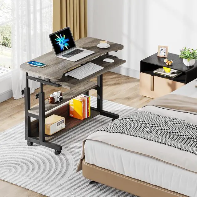 Alt view image 5 of 6 - Portable Desk with Power Outlets, Height Adjustable Side Table Sofa Couch Bedside Laptop Computer Cart with USB Charging Ports, Mobile Small Standing Desk with Keyboard Tray