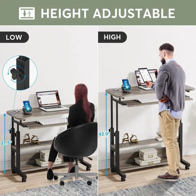 Alt view image 6 of 6 - Portable Desk with Power Outlets, Height Adjustable Side Table Sofa Couch Bedside Laptop Computer Cart with USB Charging Ports, Mobile Small Standing Desk with Keyboard Tray