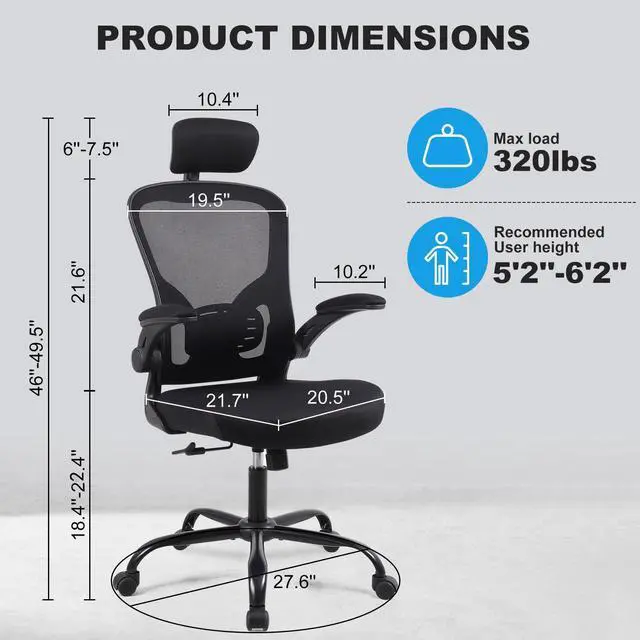 Alt view image 2 of 6 - Ergonomic Office Desk Chair- Mesh Home Office Desk Chair with Headrests & Adjustable Armrests,Executive Rolling Chair