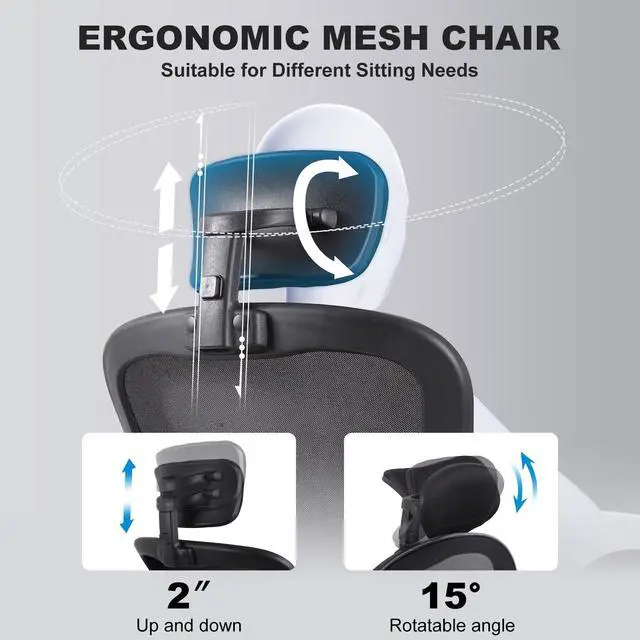 Alt view image 6 of 6 - Ergonomic Office Desk Chair- Mesh Home Office Desk Chair with Headrests & Adjustable Armrests,Executive Rolling Chair