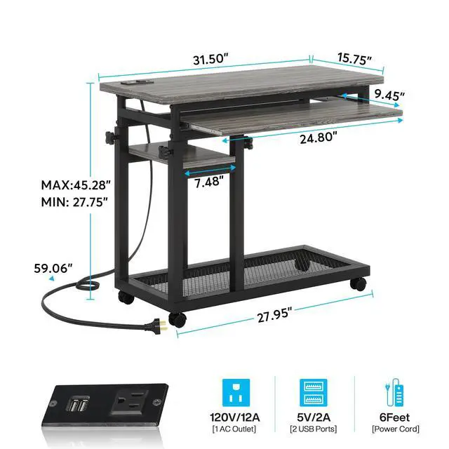 Alt view image 2 of 6 - Small Portable Desk with Power Outlet, Height Adjustable Sofa Couch Bedside Laptop Table with Wheels, Mobile Standing Desk Rolling Computer Cart C Side Table with USB Ports