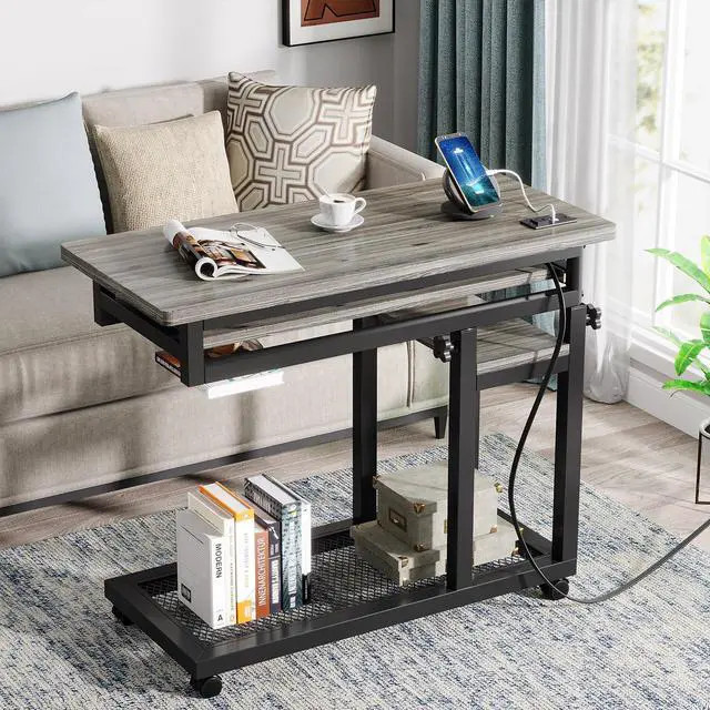 Alt view image 3 of 6 - Small Portable Desk with Power Outlet, Height Adjustable Sofa Couch Bedside Laptop Table with Wheels, Mobile Standing Desk Rolling Computer Cart C Side Table with USB Ports