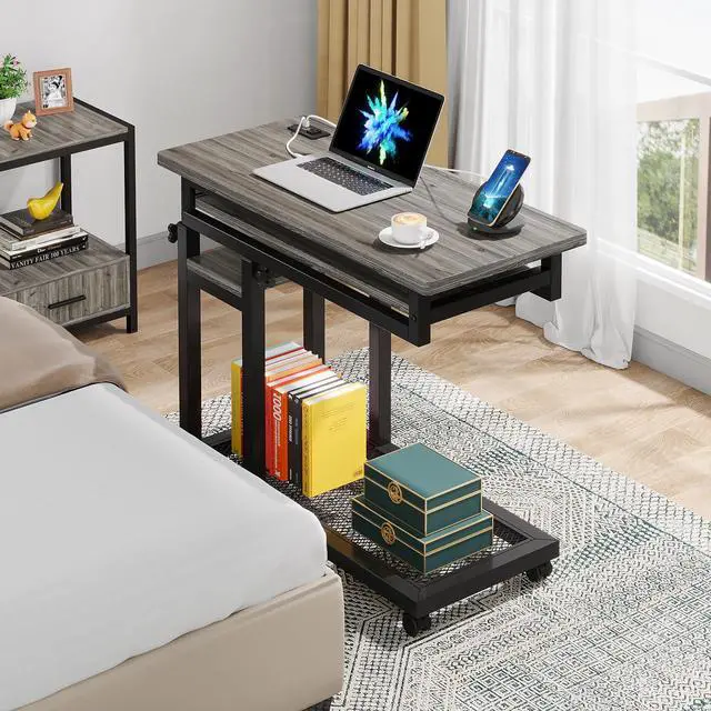 Alt view image 4 of 6 - Small Portable Desk with Power Outlet, Height Adjustable Sofa Couch Bedside Laptop Table with Wheels, Mobile Standing Desk Rolling Computer Cart C Side Table with USB Ports