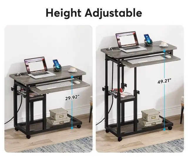 Alt view image 6 of 6 - Small Portable Desk with Power Outlet, Height Adjustable Sofa Couch Bedside Laptop Table with Wheels, Mobile Standing Desk Rolling Computer Cart C Side Table with USB Ports