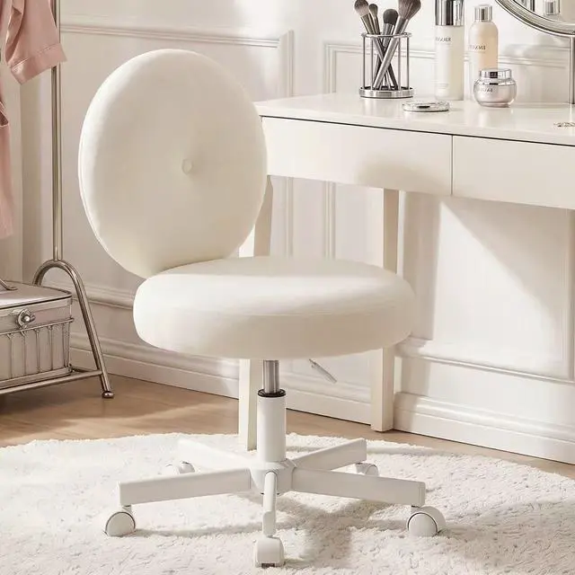 Main image of Round Velvet Vanity Chair with Wheels, 360° Swivel Armless Desk Chair, Adjustable Height Rolling Makeup Chair for Bedroom Study Room, White