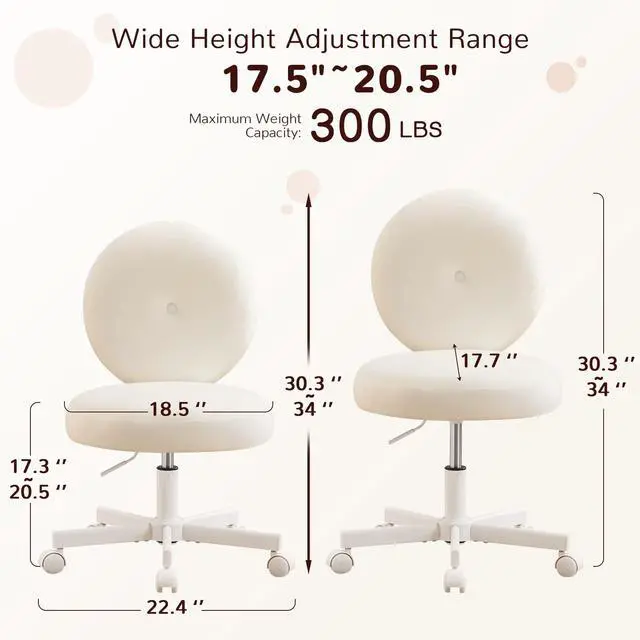 Alt view image 2 of 6 - Round Velvet Vanity Chair with Wheels, 360° Swivel Armless Desk Chair, Adjustable Height Rolling Makeup Chair for Bedroom Study Room, White
