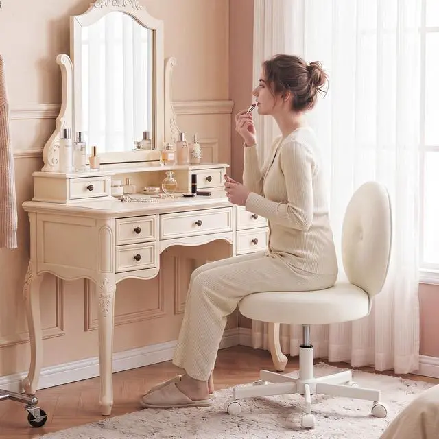 Alt view image 3 of 6 - Round Velvet Vanity Chair with Wheels, 360° Swivel Armless Desk Chair, Adjustable Height Rolling Makeup Chair for Bedroom Study Room, White