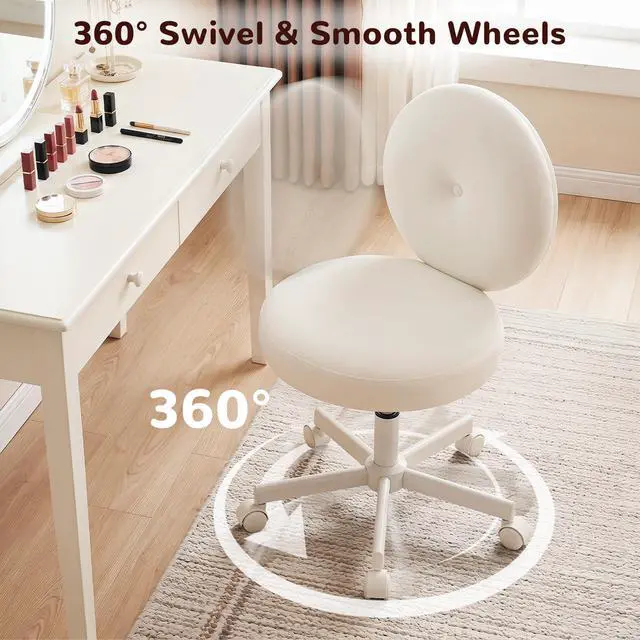 Alt view image 4 of 6 - Round Velvet Vanity Chair with Wheels, 360° Swivel Armless Desk Chair, Adjustable Height Rolling Makeup Chair for Bedroom Study Room, White