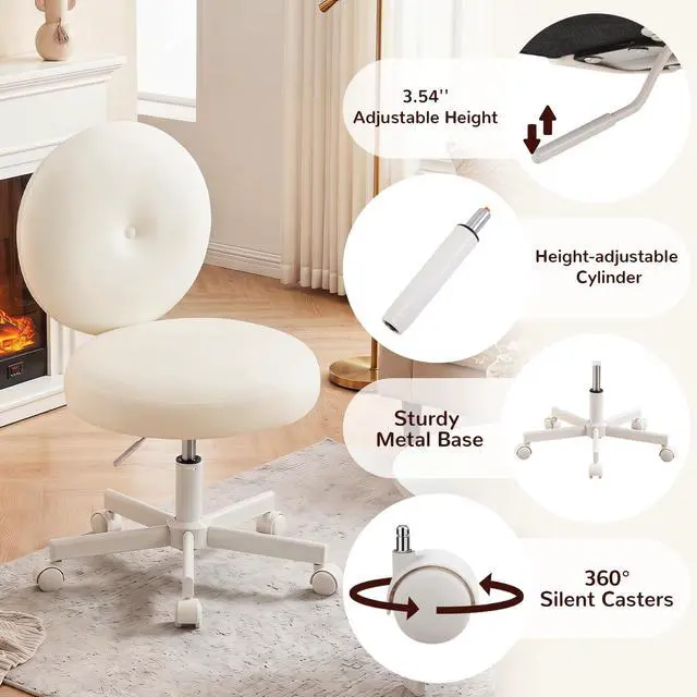 Alt view image 6 of 6 - Round Velvet Vanity Chair with Wheels, 360° Swivel Armless Desk Chair, Adjustable Height Rolling Makeup Chair for Bedroom Study Room, White