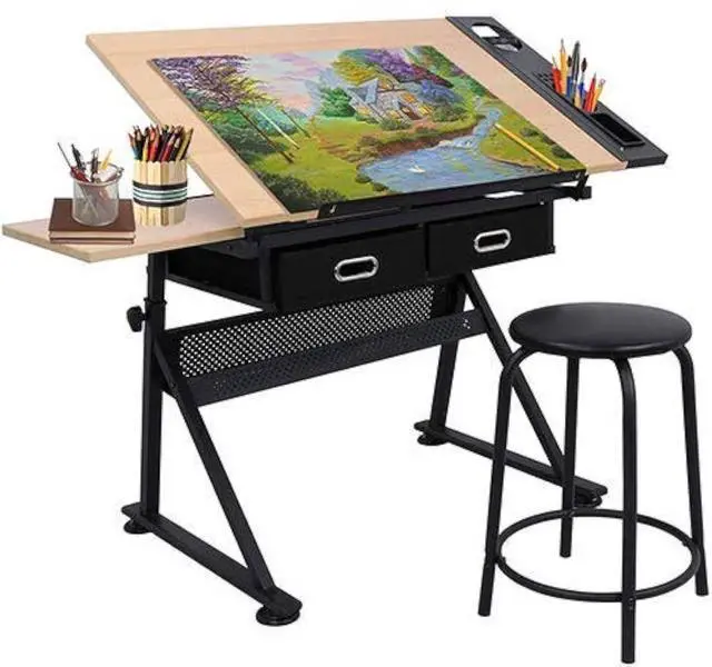 Main image of Drafting Table Drawing Desk Art&Craft Work Station Height Adjustable Tilting Tabletop Craft Table Desk w/Stool and 2 Storage Drawers for Home Office Study Room, Natural