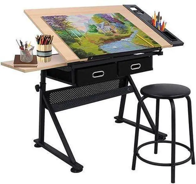 Alt view image 4 of 6 - Drafting Table Drawing Desk Art&Craft Work Station Height Adjustable Tilting Tabletop Craft Table Desk w/Stool and 2 Storage Drawers for Home Office Study Room, Natural