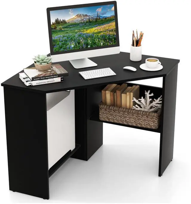 Main image of Corner Desk with Storage Shelves, Triangular Computer Desk with Cable Management Holes, Laptop Workstation for Small Space, Makeup Vanity Desk for Living Room, Study, Black