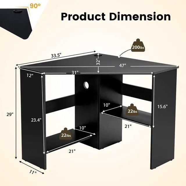 Alt view image 3 of 6 - Corner Desk with Storage Shelves, Triangular Computer Desk with Cable Management Holes, Laptop Workstation for Small Space, Makeup Vanity Desk for Living Room, Study, Black