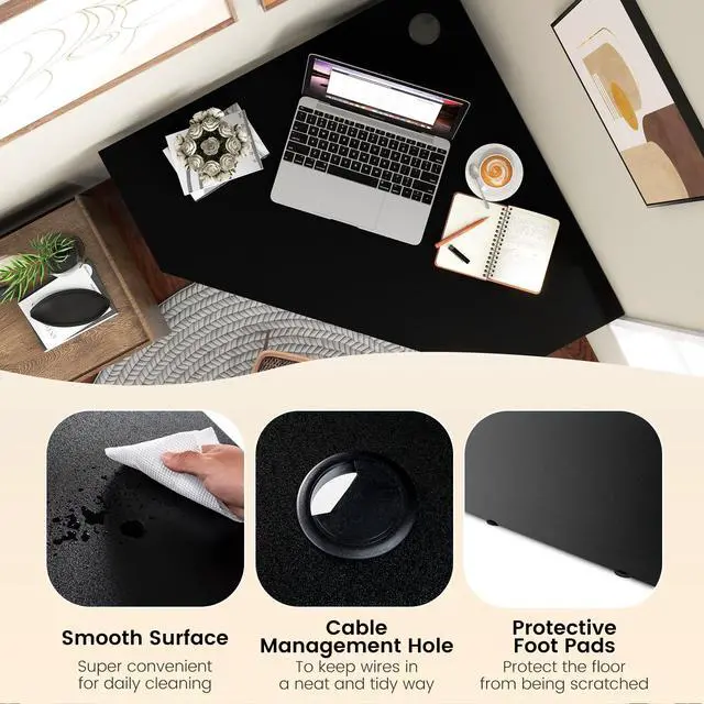 Alt view image 4 of 6 - Corner Desk with Storage Shelves, Triangular Computer Desk with Cable Management Holes, Laptop Workstation for Small Space, Makeup Vanity Desk for Living Room, Study, Black