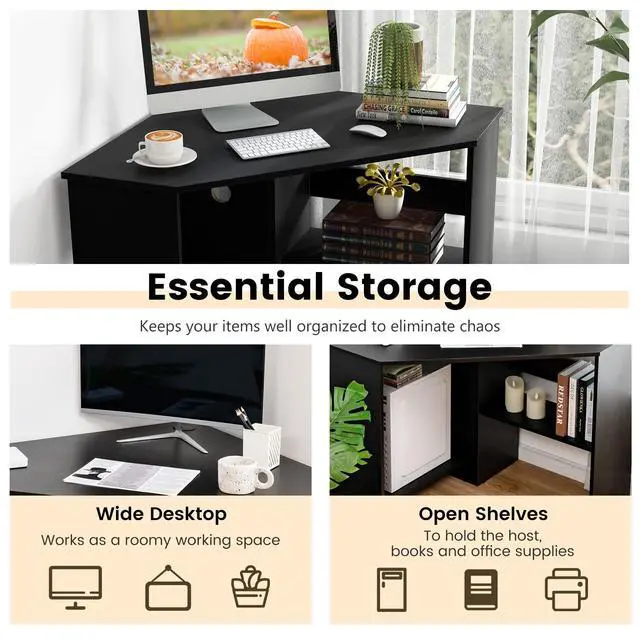 Alt view image 5 of 6 - Corner Desk with Storage Shelves, Triangular Computer Desk with Cable Management Holes, Laptop Workstation for Small Space, Makeup Vanity Desk for Living Room, Study, Black