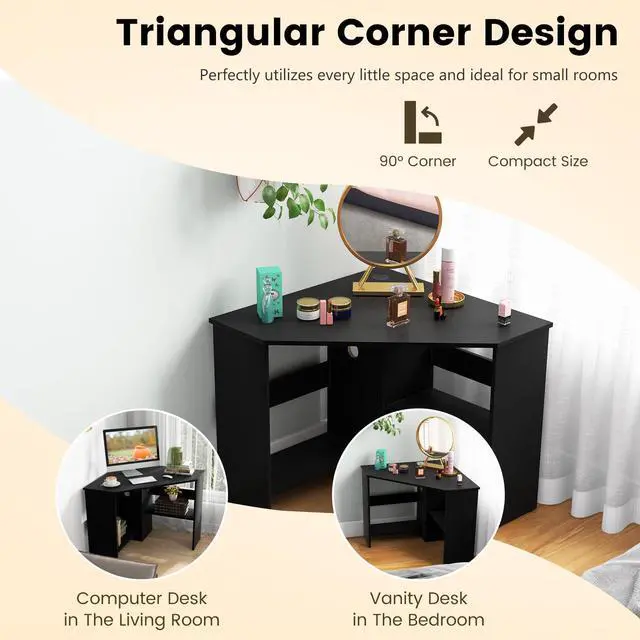 Alt view image 6 of 6 - Corner Desk with Storage Shelves, Triangular Computer Desk with Cable Management Holes, Laptop Workstation for Small Space, Makeup Vanity Desk for Living Room, Study, Black