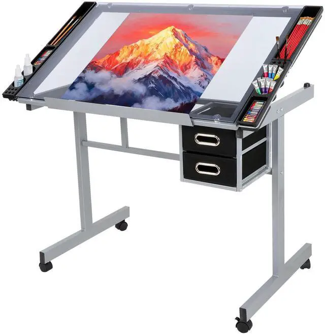 Main image of Adjustable Drafting Table Art Desk Drawing Table Versatile Art Craft Work Station Glass Tabletop w/2 Slide Drawers and Wheels for Reading, Writing, Painting Home Office
