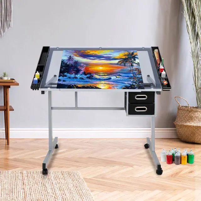 Alt view image 2 of 6 - Adjustable Drafting Table Art Desk Drawing Table Versatile Art Craft Work Station Glass Tabletop w/2 Slide Drawers and Wheels for Reading, Writing, Painting Home Office