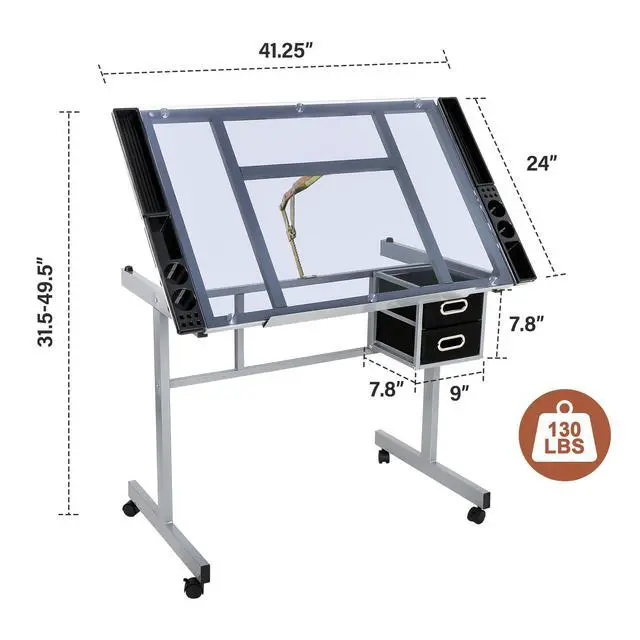 Alt view image 3 of 6 - Adjustable Drafting Table Art Desk Drawing Table Versatile Art Craft Work Station Glass Tabletop w/2 Slide Drawers and Wheels for Reading, Writing, Painting Home Office