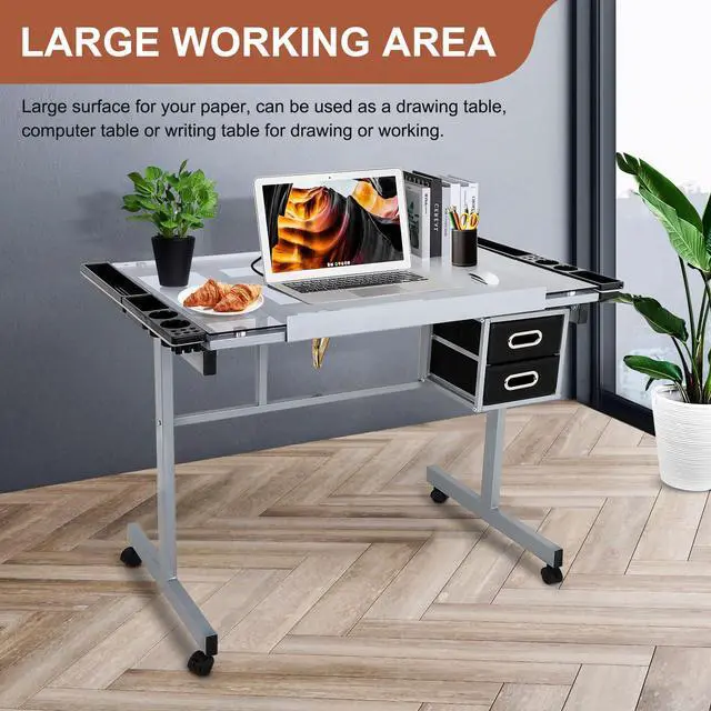 Alt view image 4 of 6 - Adjustable Drafting Table Art Desk Drawing Table Versatile Art Craft Work Station Glass Tabletop w/2 Slide Drawers and Wheels for Reading, Writing, Painting Home Office